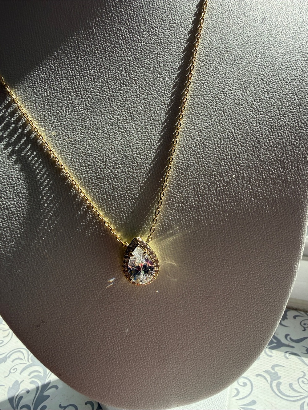 Gold Teardrop Cubic Zirconia Pendant Necklace - White Crystal